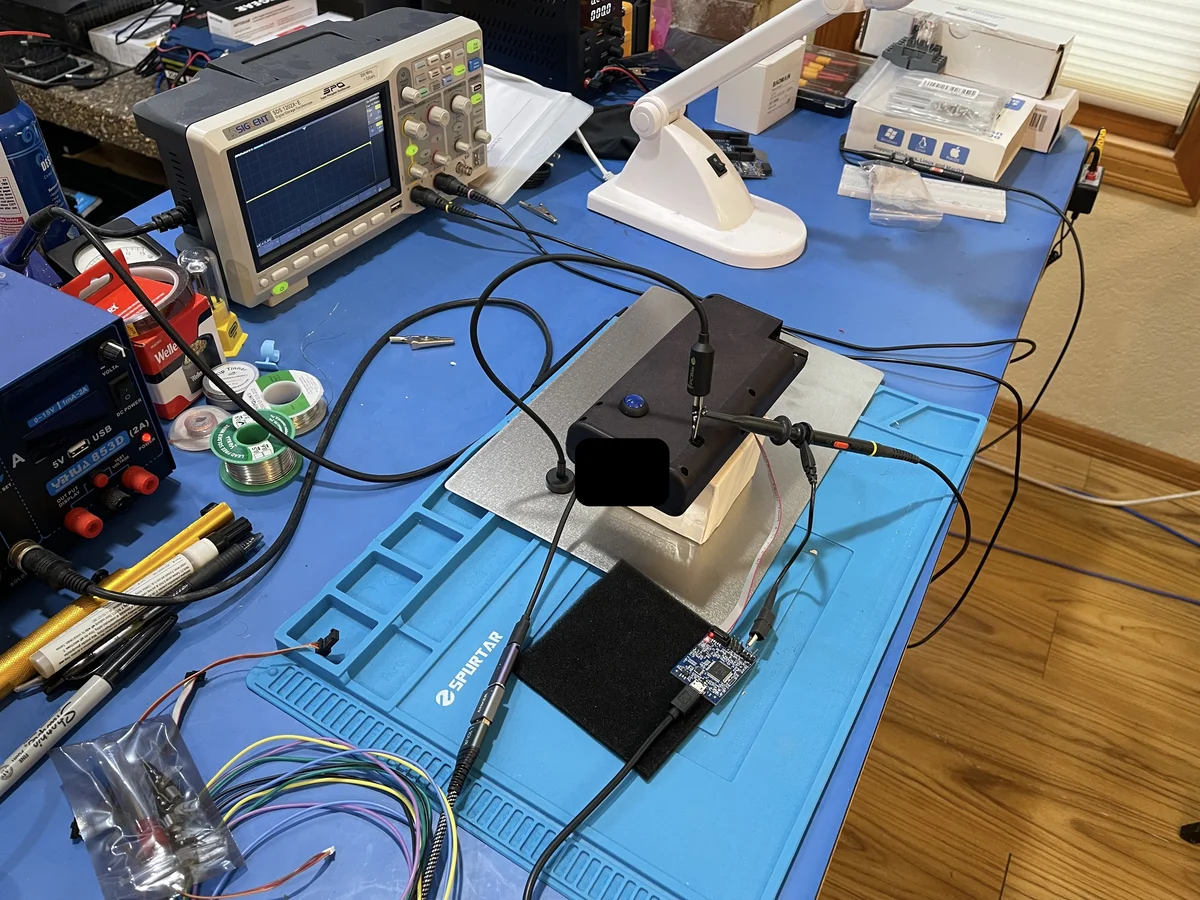 PC-Bite probing a PCB on my lab bench