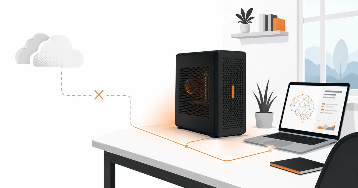 A local workstation with an orange-lit AI server replacing a distant cloud connection