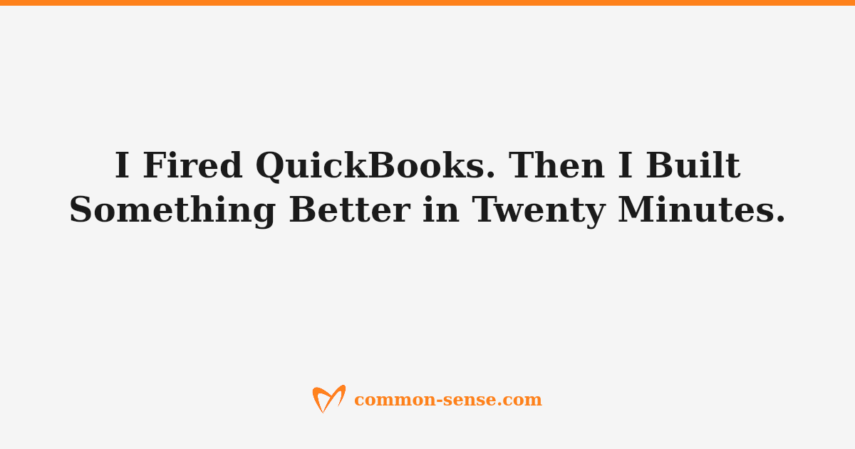 A small business owner at a desk with a simple terminal replacing a stack of SaaS subscription invoices, showing the shift from renting software to owning capability