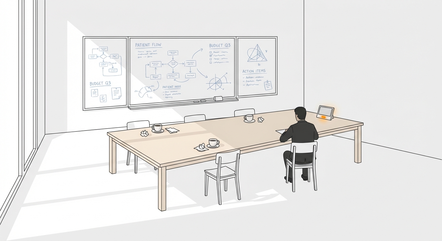 An empty hospital conference room after a meeting, whiteboards still marked up, coffee cups left behind, one person sitting at the table looking at a terminal with a steady amber light at the far end