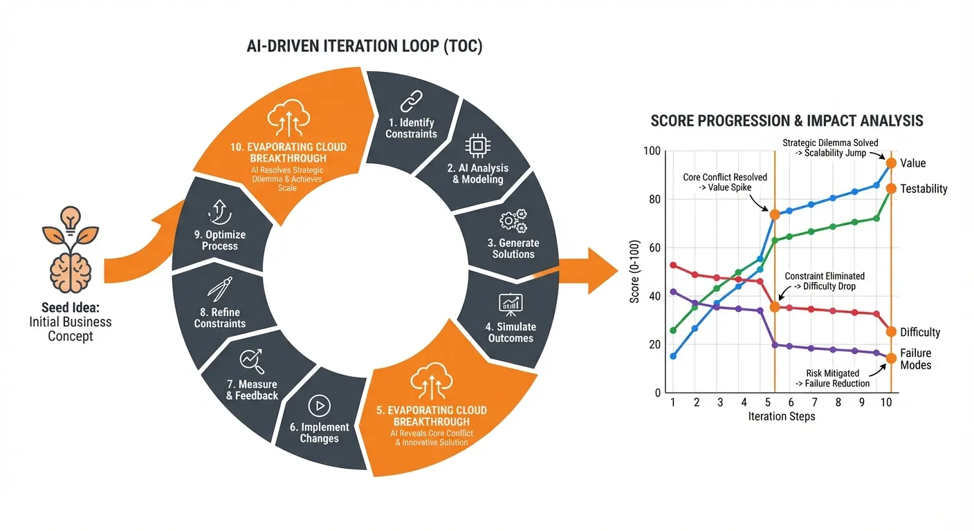 Infographic showing an AI-driven iteration loop using Theory of Constraints: a circular 10-step process with Evaporating Cloud breakthroughs highlighted at iterations 5 and 10, alongside a score progression chart showing Testability, Value, Difficulty, and Failure Modes improving across iterations