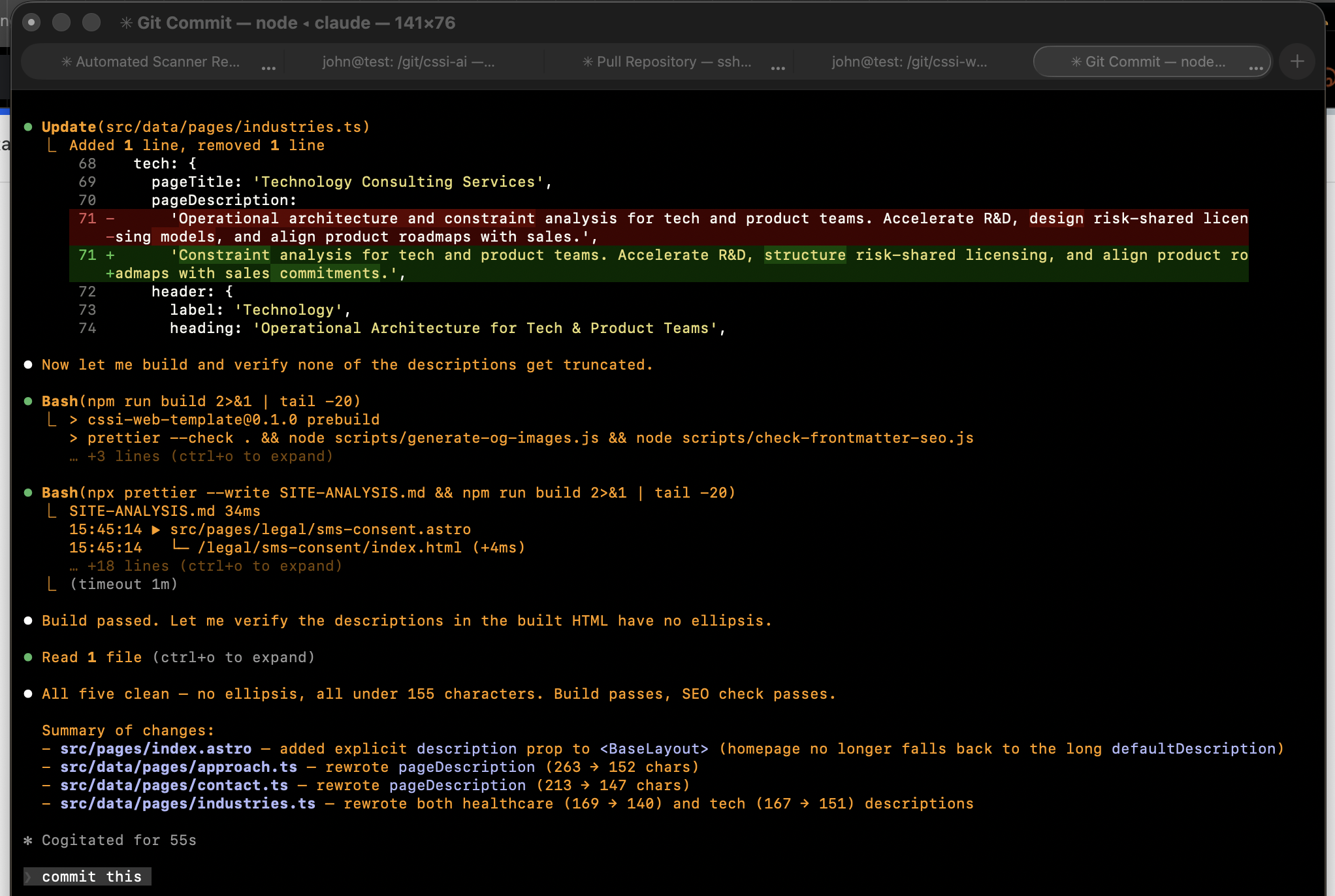 Claude Code editing a meta description, rebuilding the site, and verifying the fix in a single workflow