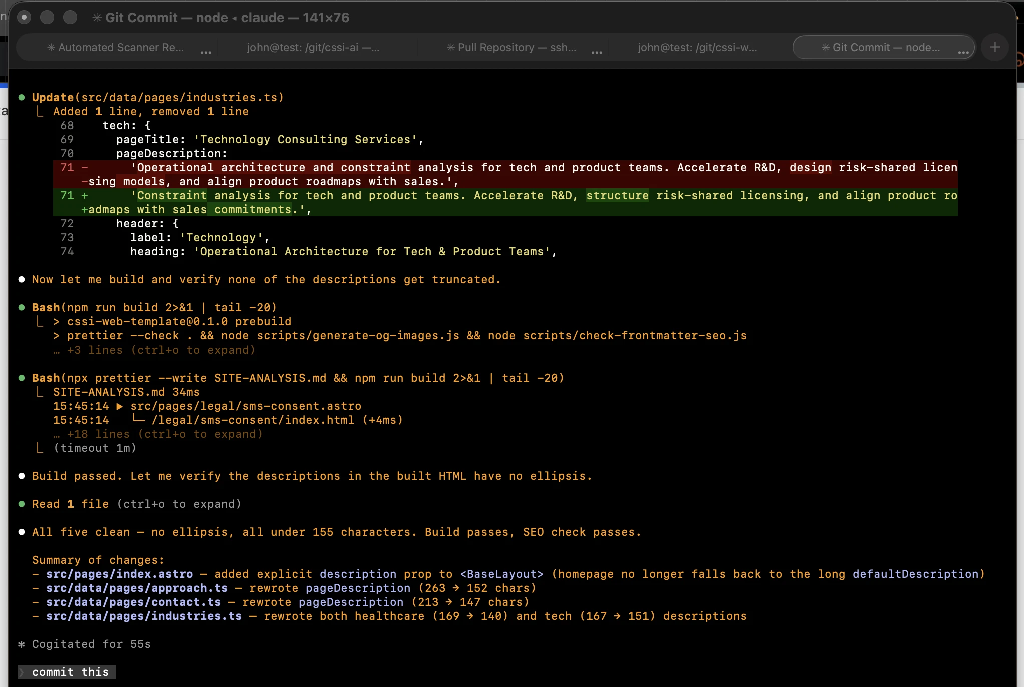 Claude Code editing a meta description, rebuilding the site, and verifying the fix in a single workflow