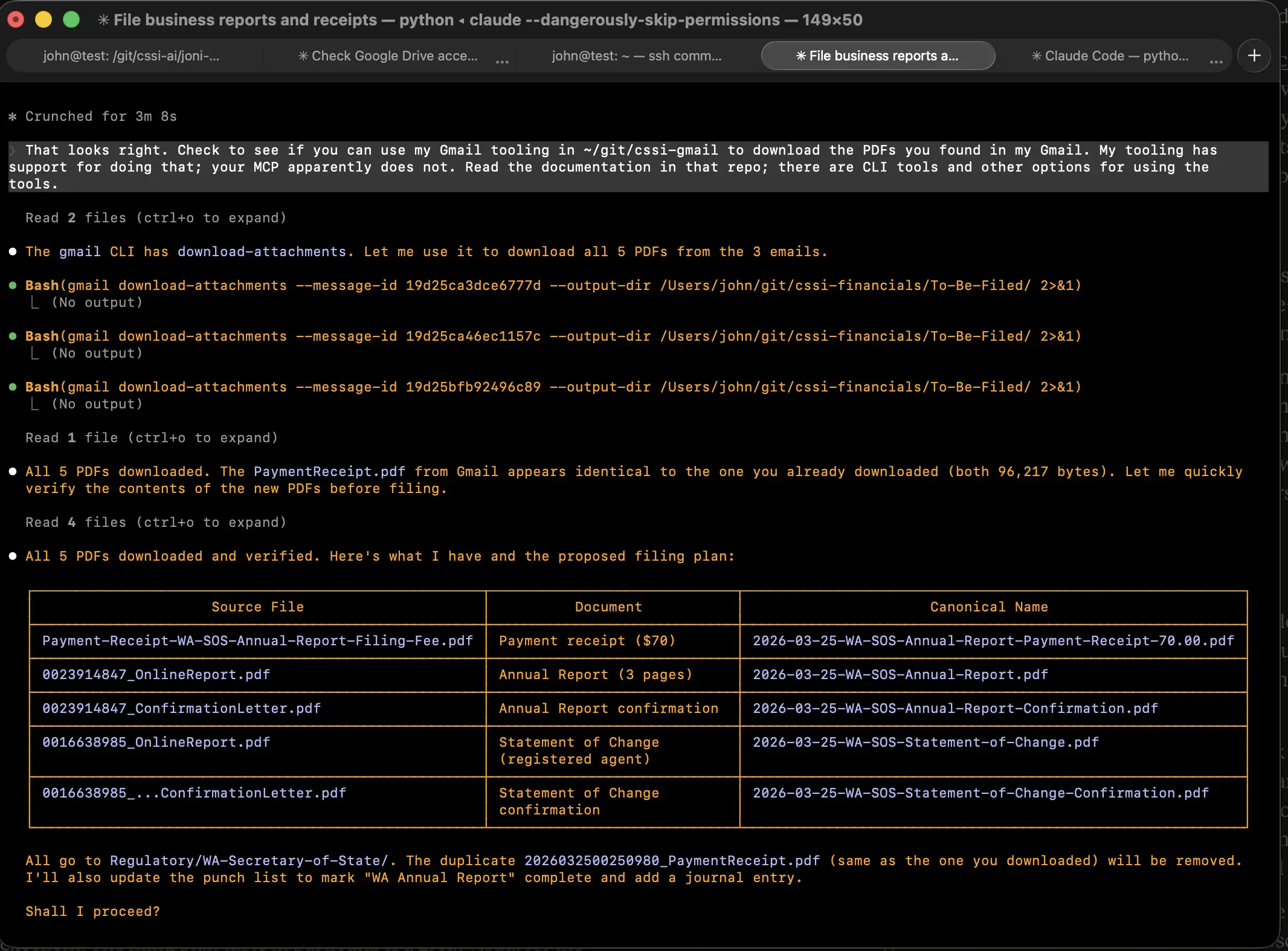 Claude Code terminal showing a proposed filing plan table with five PDF documents: payment receipt, annual report, annual report confirmation, statement of change, and statement of change confirmation — each mapped from its original filename to a canonical name with date prefix and destination folder