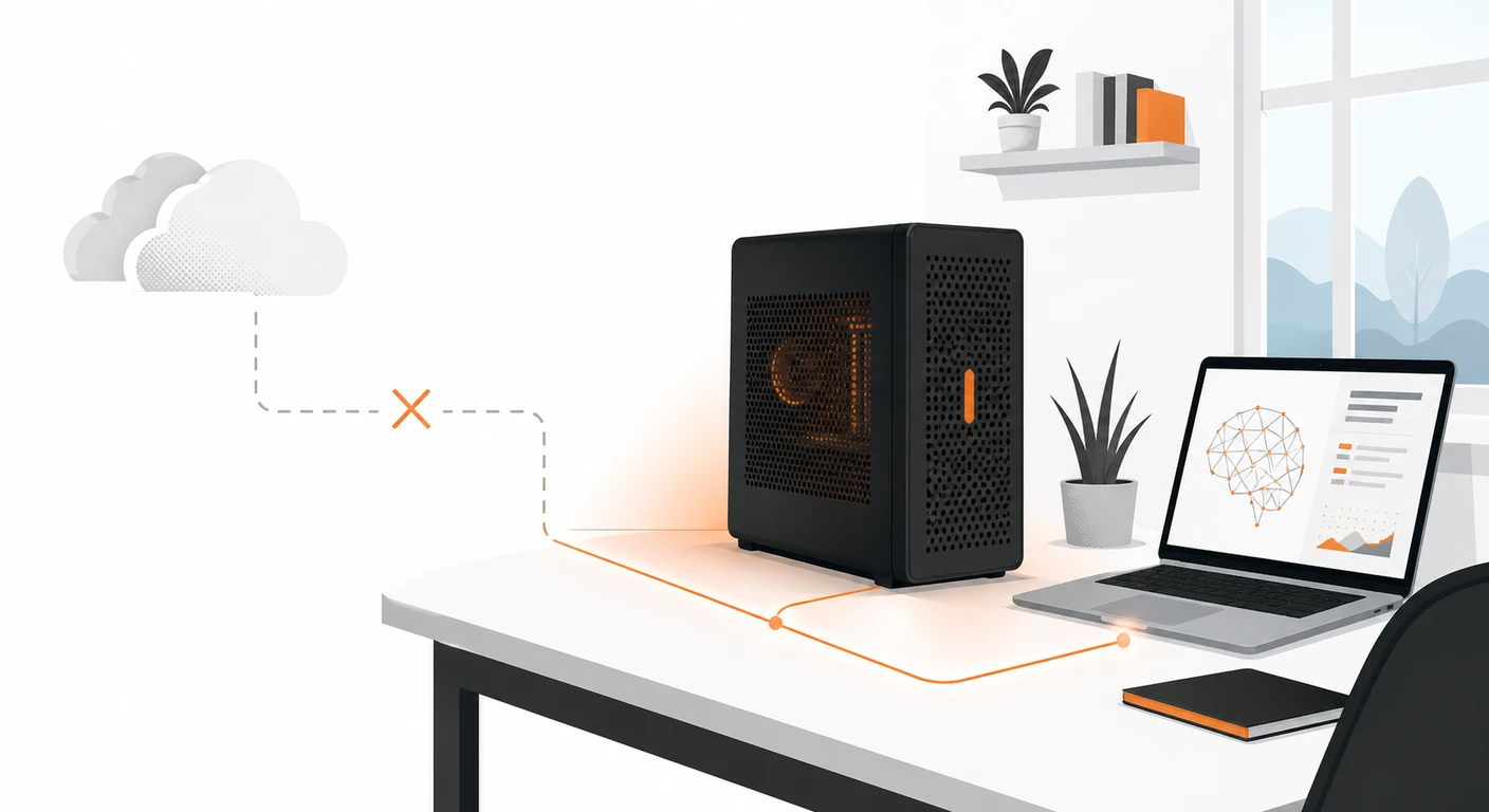 A local workstation with an orange-lit AI server replacing a distant cloud connection