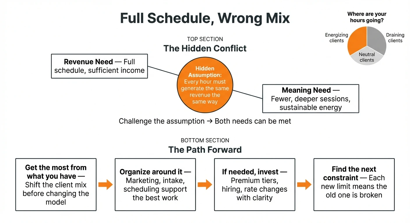 Infographic showing the hidden conflict between revenue needs and meaning needs in a full practice, with the assumption that every hour must generate the same revenue, and a four-step path forward