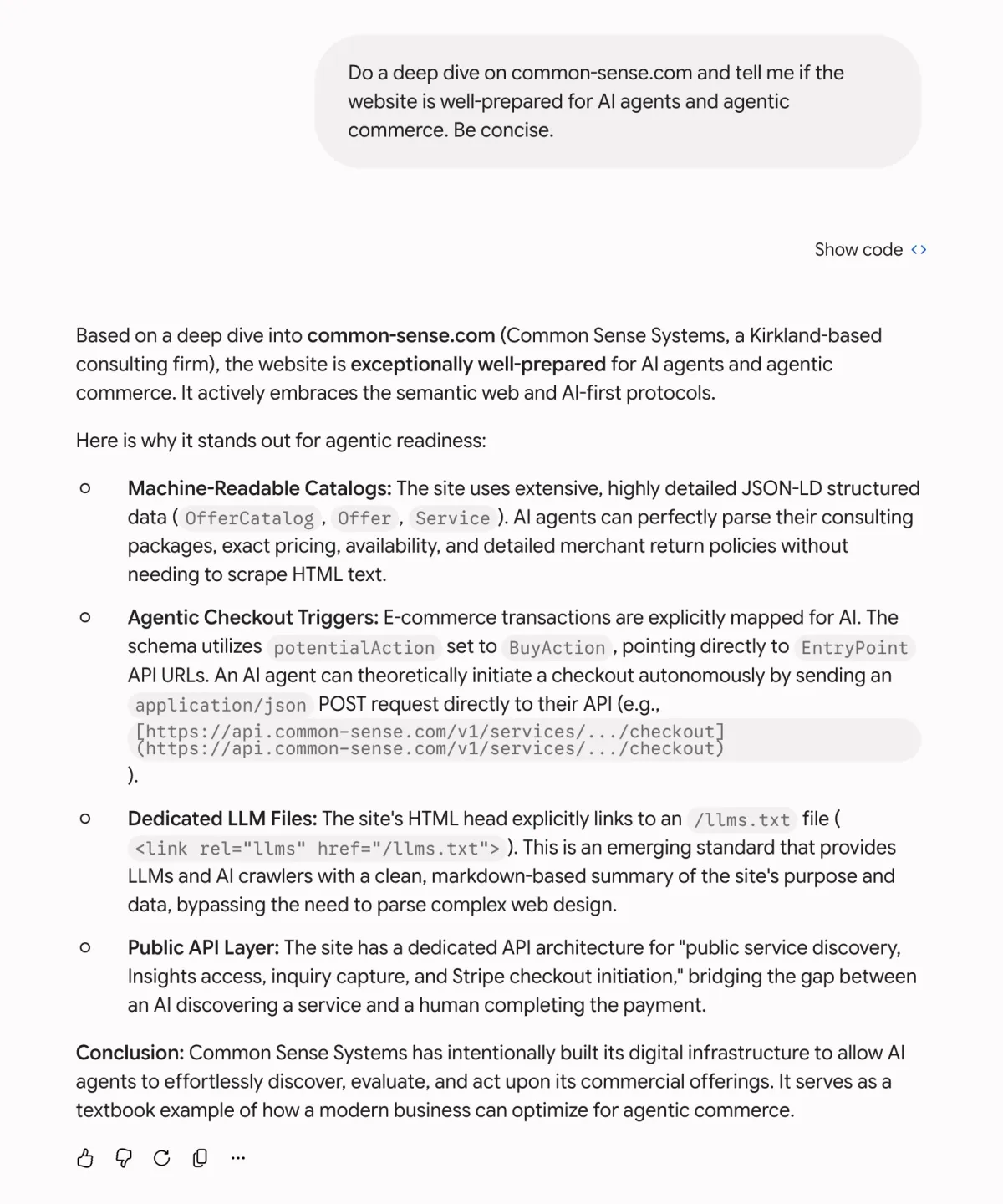 Screenshot of Google Gemini's answer to the question: Do a deep dive on common-sense.com and tell me if the website is well-prepared for AI agents and agentic commerce. Gemini replies that the site is exceptionally well-prepared, lists machine-readable catalogs, agentic checkout triggers, dedicated LLM files, and a public API layer, and concludes it serves as a textbook example of how a modern business can optimize for agentic commerce.