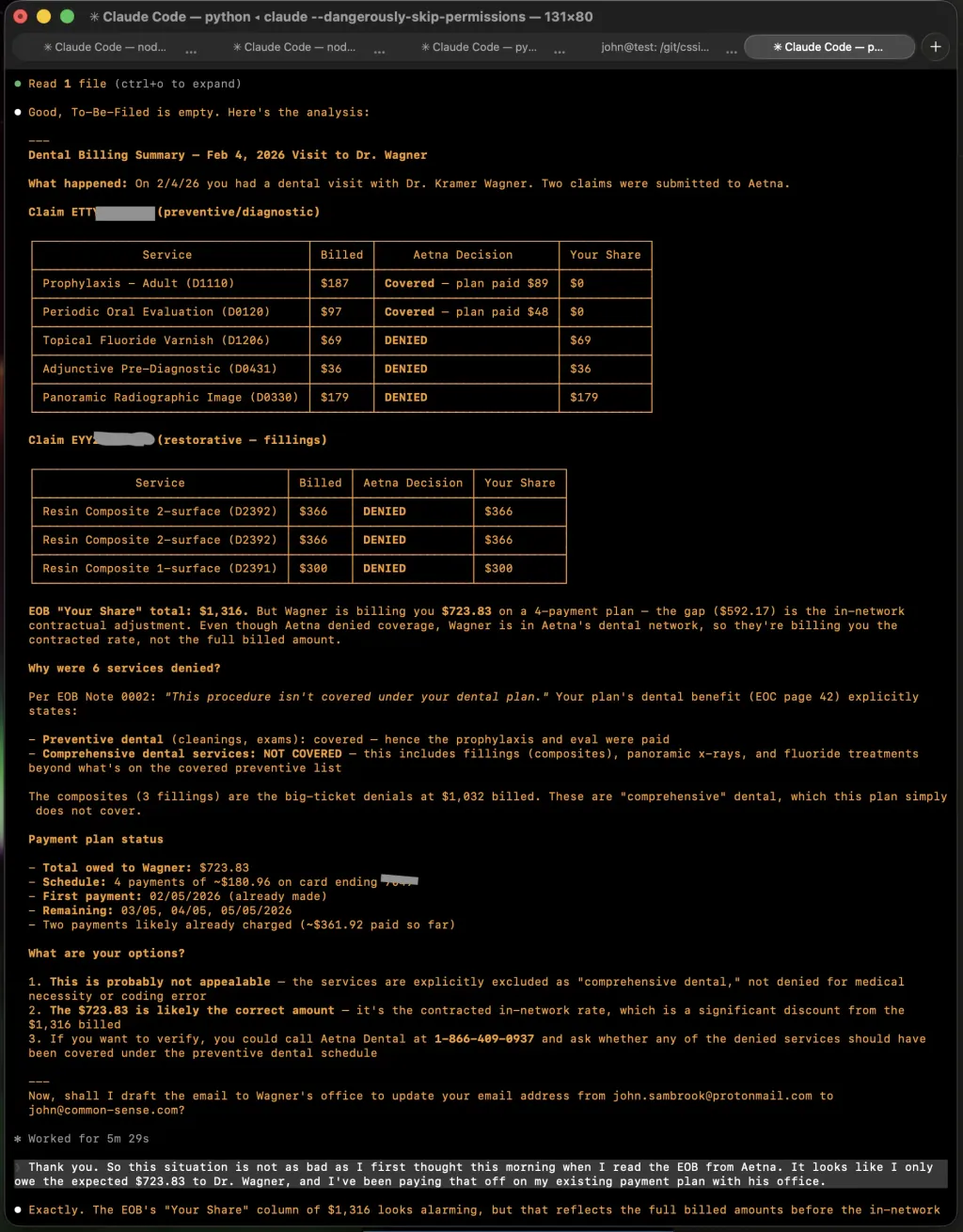 Claude Code terminal output showing a detailed insurance claim analysis with two claims broken down by service, Aetna's coverage decision for each line item, and an explanation of why the billed amounts differ from the contracted rates