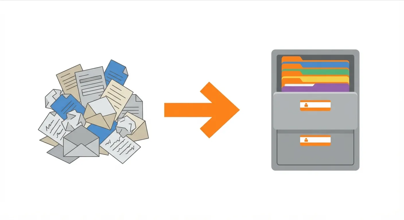 A neat, well-organized filing cabinet contrasted with a messy pile of insurance paperwork