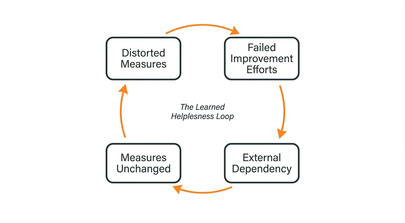 A feedback loop diagram showing how distorted measures lead to failed improvement efforts, which lead to external dependency, which lead to distorted measures continuing unchanged