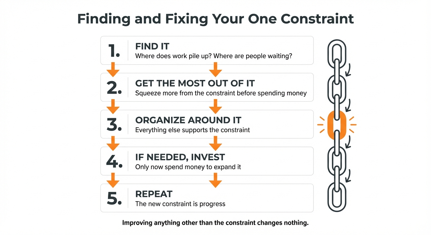 Infographic showing five steps to find and fix a business constraint: find it, get the most out of it, organize around it, invest if needed, repeat