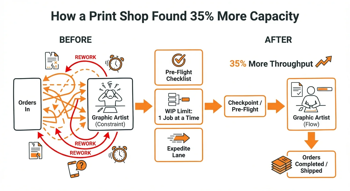 Infographic showing before-and-after workflow at a print shop: chaotic rework loops at the graphic artist constraint replaced by a pre-flight checklist, WIP limit, and expedite lane producing 35% more throughput