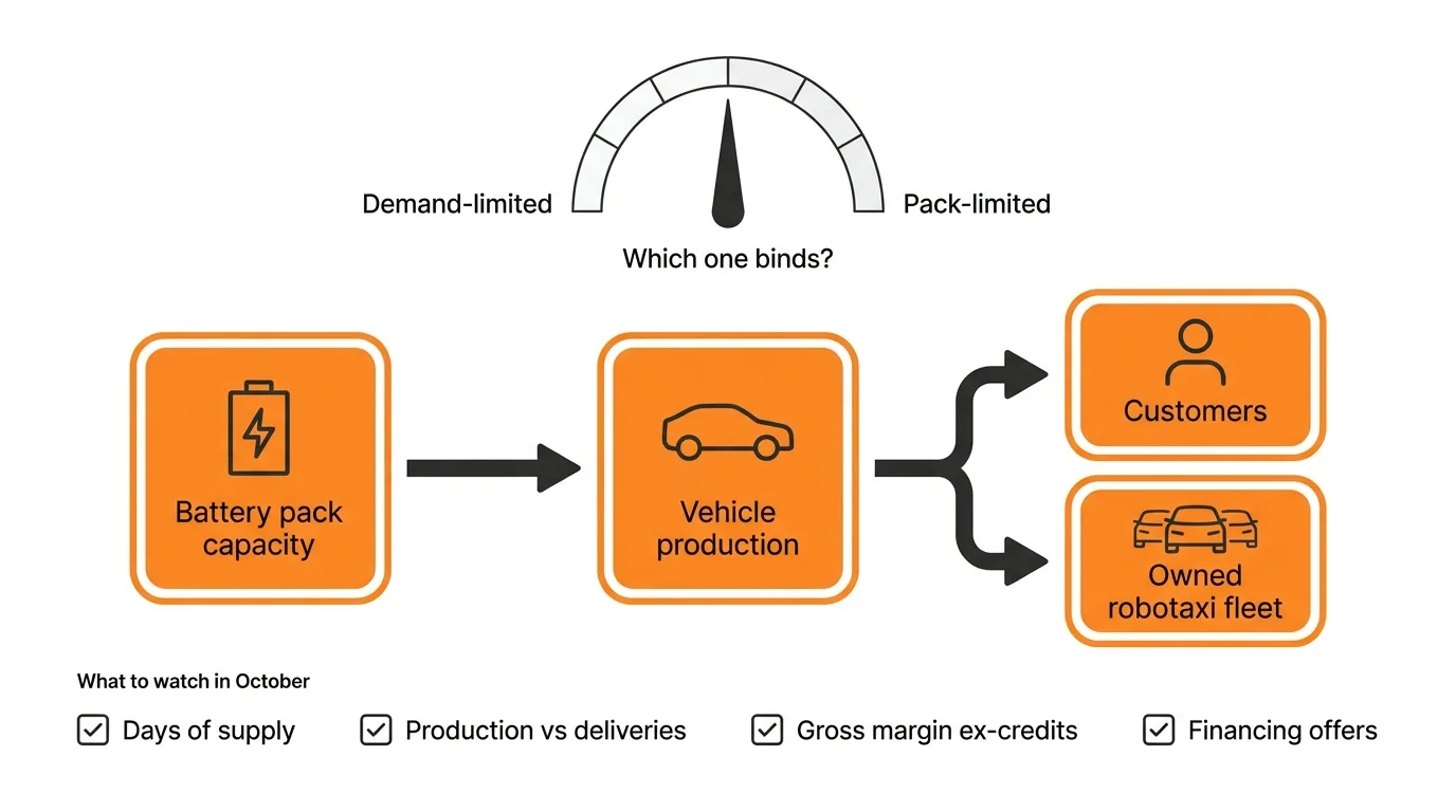 Infographic: a left-to-right flow from battery pack capacity to vehicle production, which forks to customers and to Tesla's owned robotaxi fleet. Above it, a gauge with the needle at the midpoint between demand-limited and pack-limited, captioned which one binds. Below, four items to watch in October: days of supply, production versus deliveries, gross margin excluding credits, financing offers.