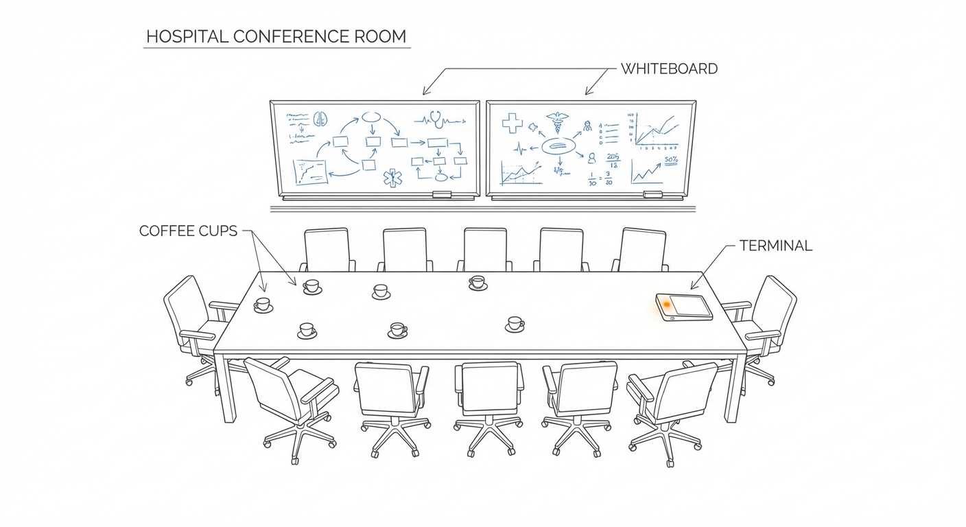 A hospital conference room with twelve chairs around a long table, whiteboards marked with blue handwriting, coffee cups left behind, and at the far end of the table a terminal with a steady amber light
