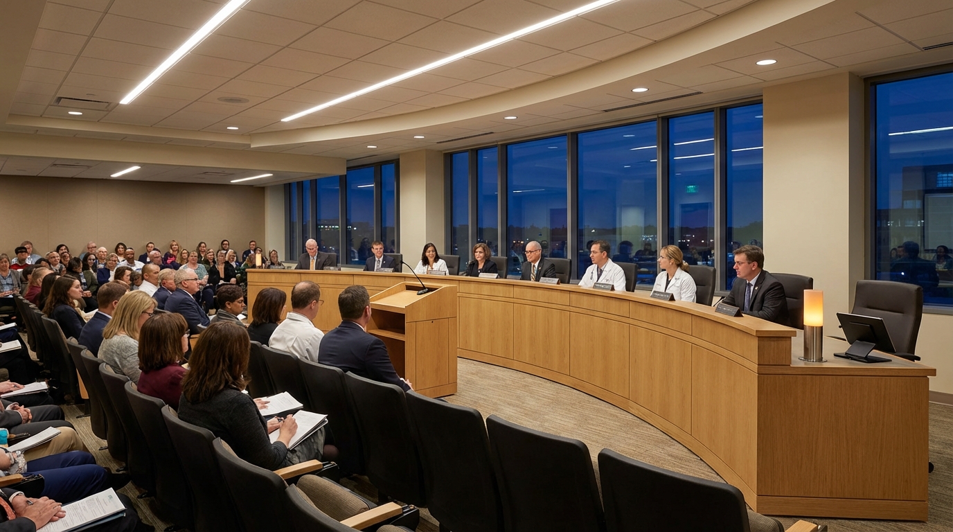 A hospital board meeting room at evening session — commissioners at a curved wooden dais, a full audience, and at the far end of the dais an empty position holding a sleek terminal and a slender amber indicator light