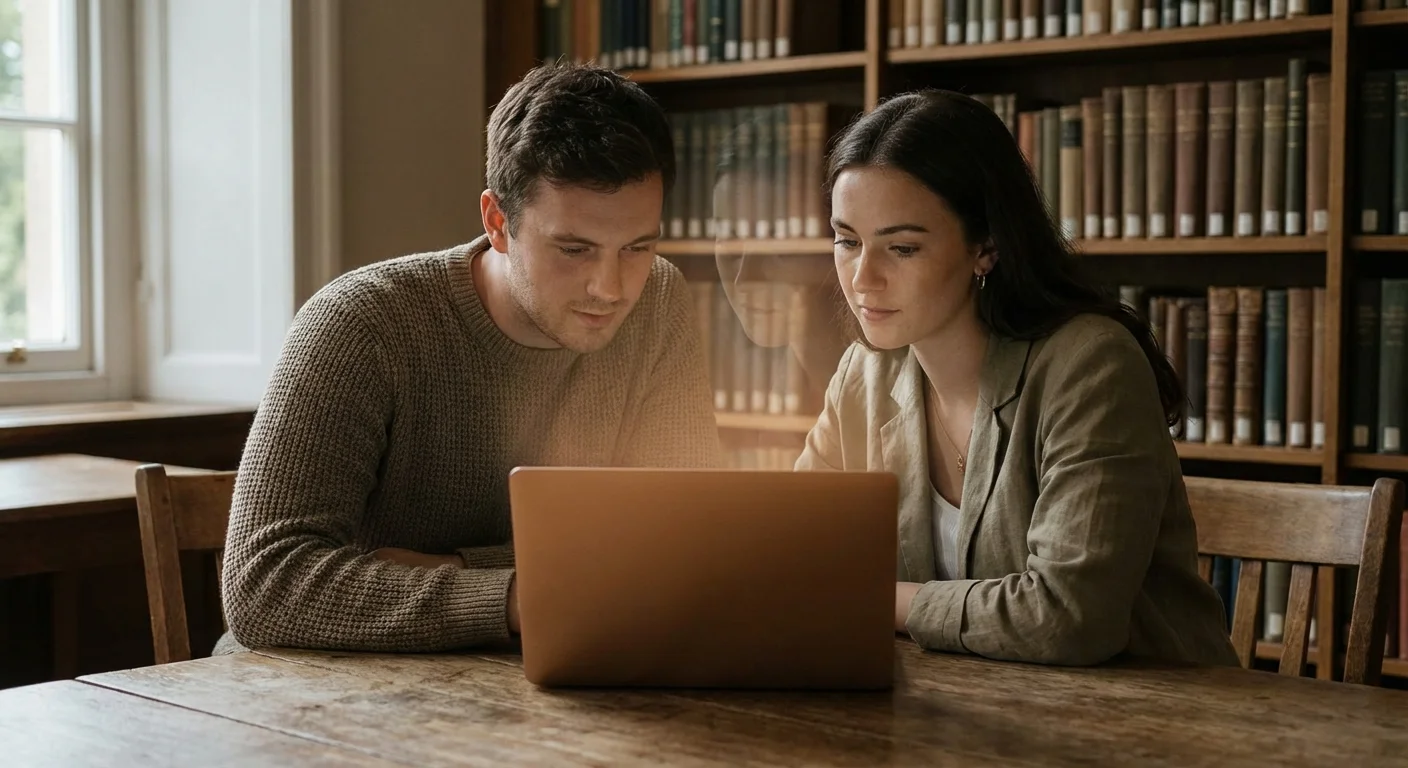 Two people sitting side by side at a table looking at a laptop screen together, with a faint third presence suggested by light from the screen, in a calm library or meeting room setting