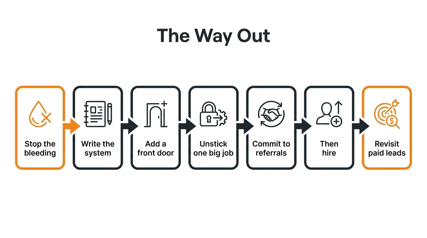 A seven-step flow for a stuck owner-operator: stop the bleeding by pausing paid leads, write the operating system, add a front door with screening and a no policy, unstick one big job, commit to referrals, then hire into the system, then revisit paid leads