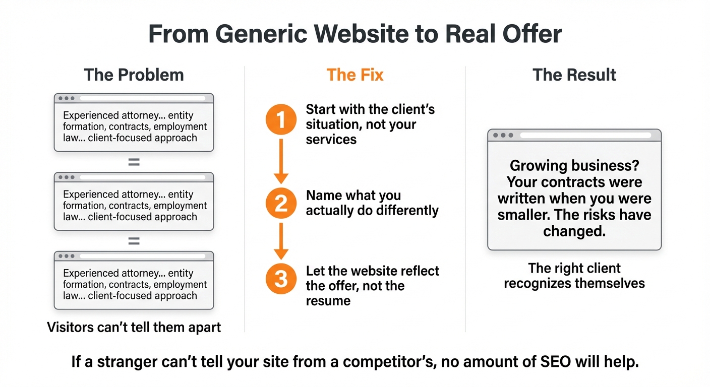 Infographic showing how three identical attorney websites become indistinguishable to visitors, and the three-step fix: start with the client's situation, name what you do differently, let the website reflect the offer