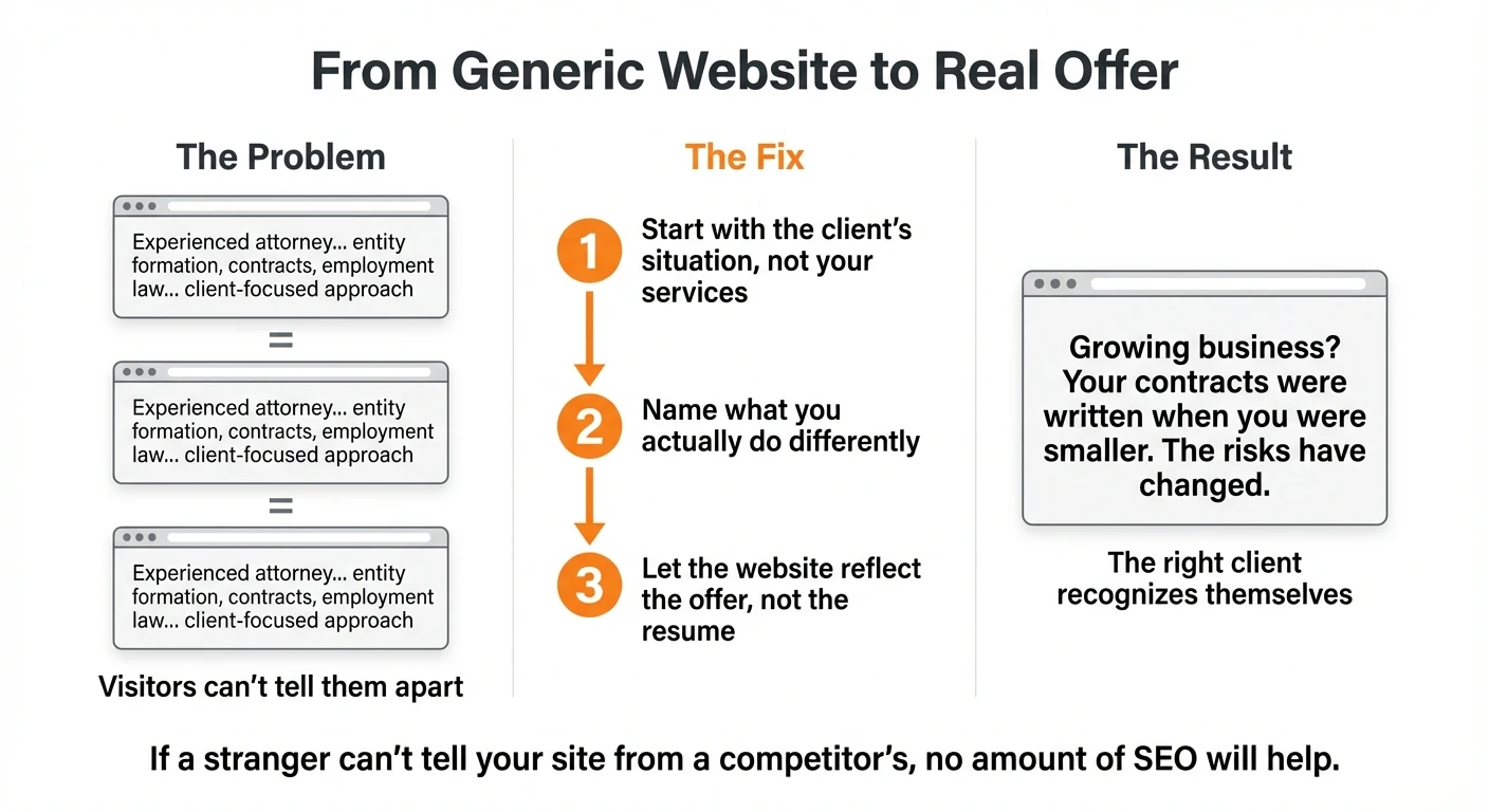 Infographic showing how three identical attorney websites become indistinguishable to visitors, and the three-step fix: start with the client's situation, name what you do differently, let the website reflect the offer