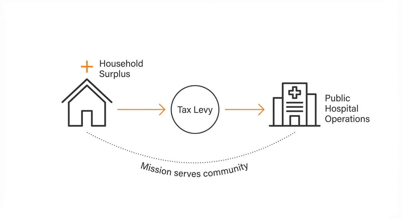 A simple flow diagram showing household surplus flowing through tax levy into public hospital operations, connecting profit to mission