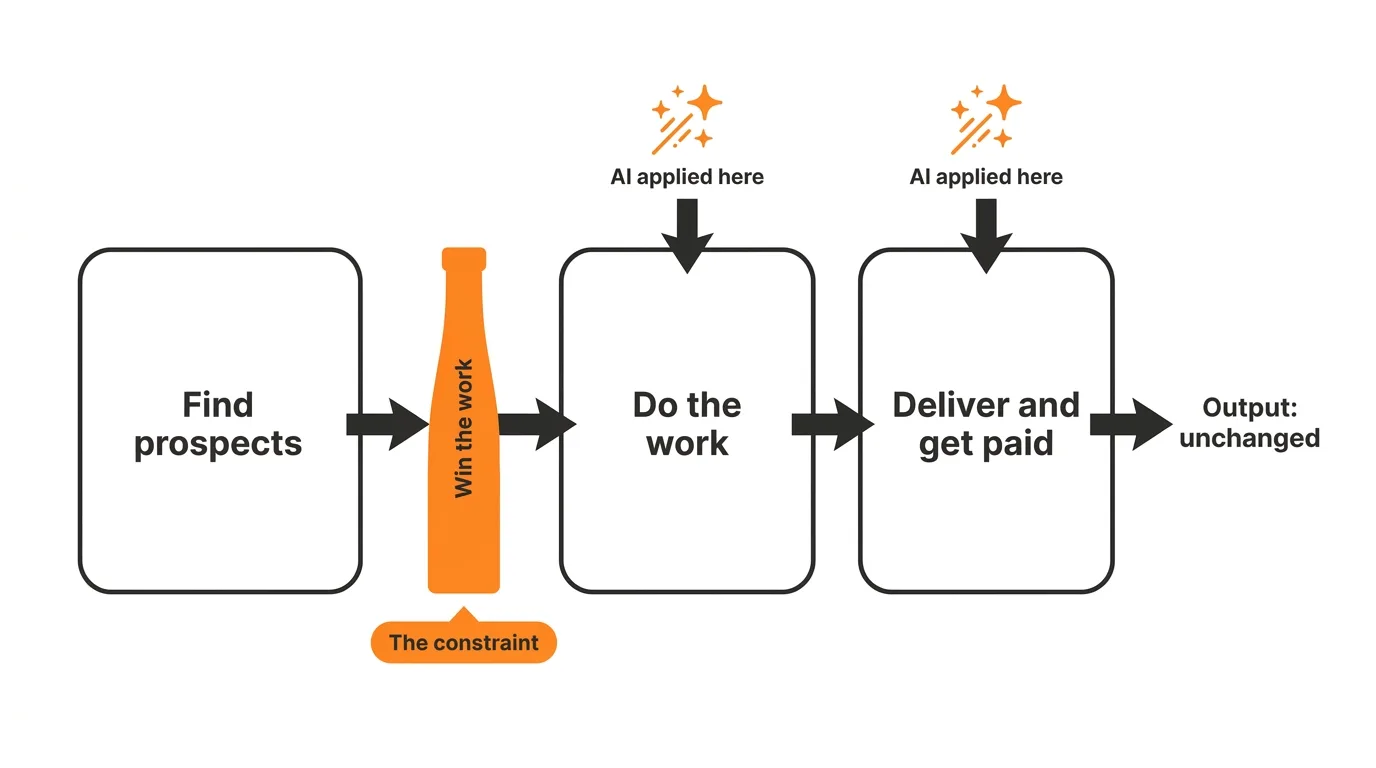 Infographic of a four-stage business pipeline: Find prospects, Win the work, Do the work, Deliver and get paid. The Win the work stage is a narrow orange bottleneck labeled the constraint. AI applied here callouts point only at the two wide downstream stages, and the pipeline's output is labeled unchanged.